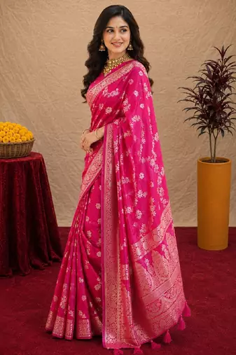 pink silk blend with jari weave work saree with unstitched blouse piece