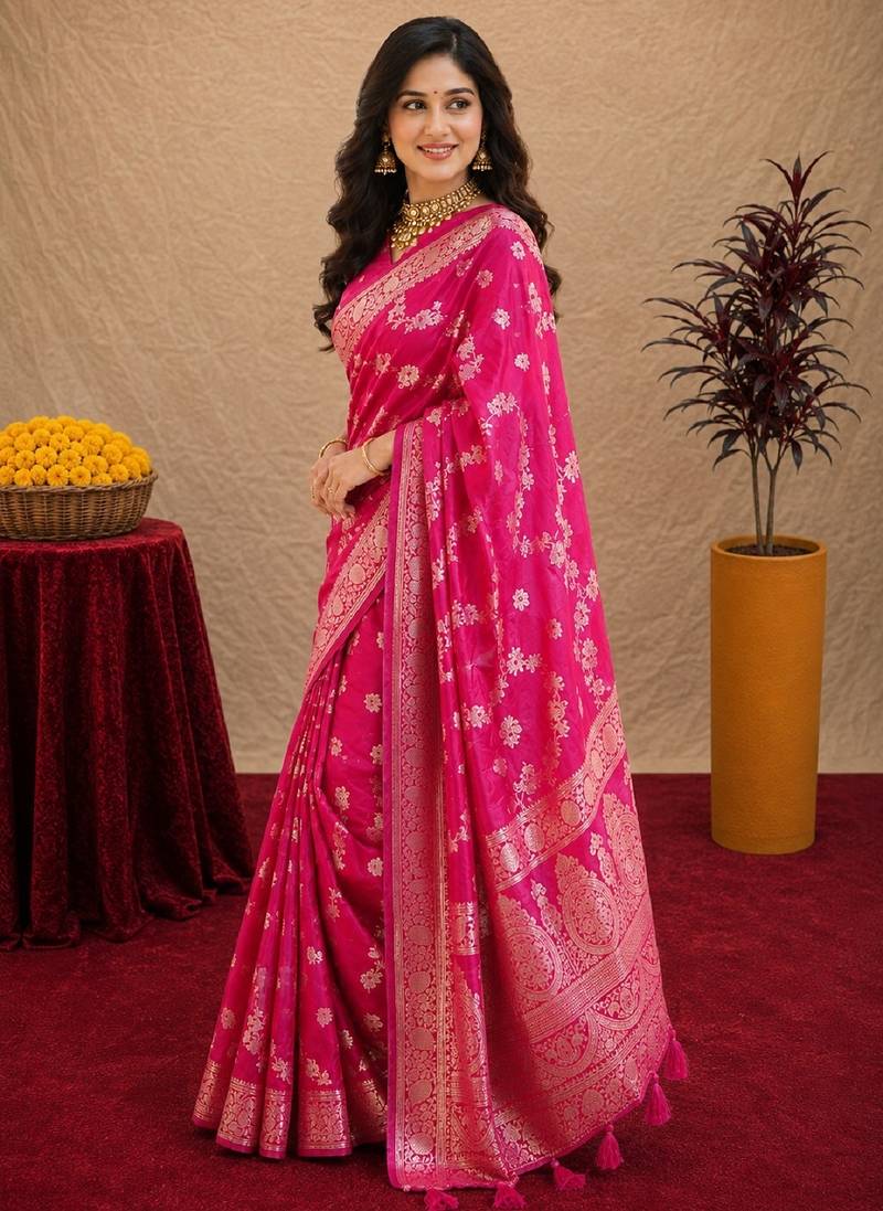 pink silk blend with jari weave work saree with unstitched blouse piece