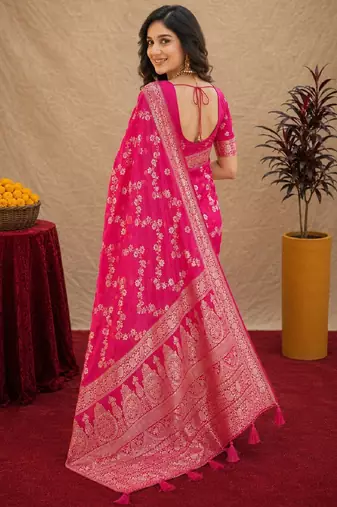 pink silk blend with jari weave work saree with unstitched blouse piece