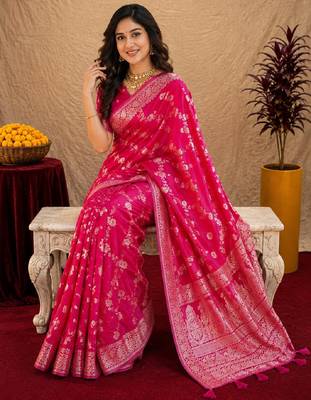 pink silk blend with jari weave work saree with unstitched blouse piece 4