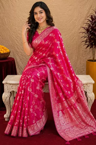 pink silk blend with jari weave work saree with unstitched blouse piece