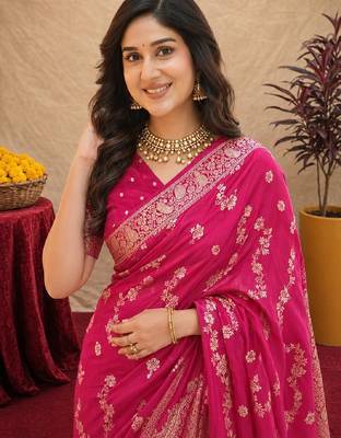 pink silk blend with jari weave work saree with unstitched blouse piece 5