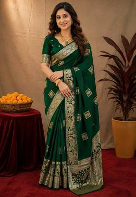 green silk blend with jari weave work saree with unstitched blouse piece 1