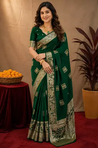 green silk blend with jari weave work saree with unstitched blouse piece