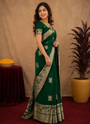green silk blend with jari weave work saree with unstitched blouse piece 2