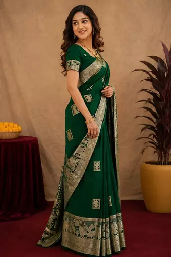 green silk blend with jari weave work saree with unstitched blouse piece
