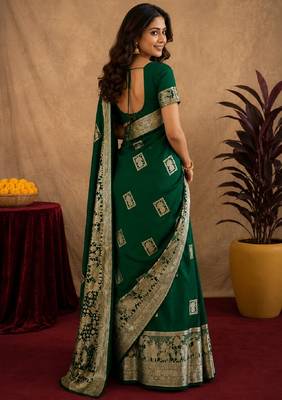 green silk blend with jari weave work saree with unstitched blouse piece 3