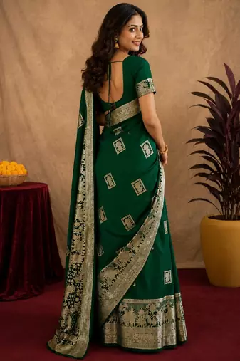 green silk blend with jari weave work saree with unstitched blouse piece