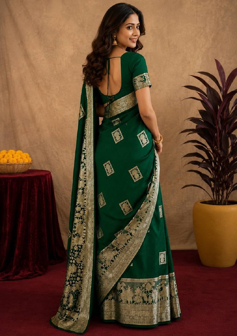 green silk blend with jari weave work saree with unstitched blouse piece