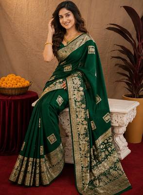 green silk blend with jari weave work saree with unstitched blouse piece 4