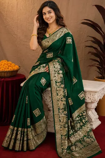 green silk blend with jari weave work saree with unstitched blouse piece