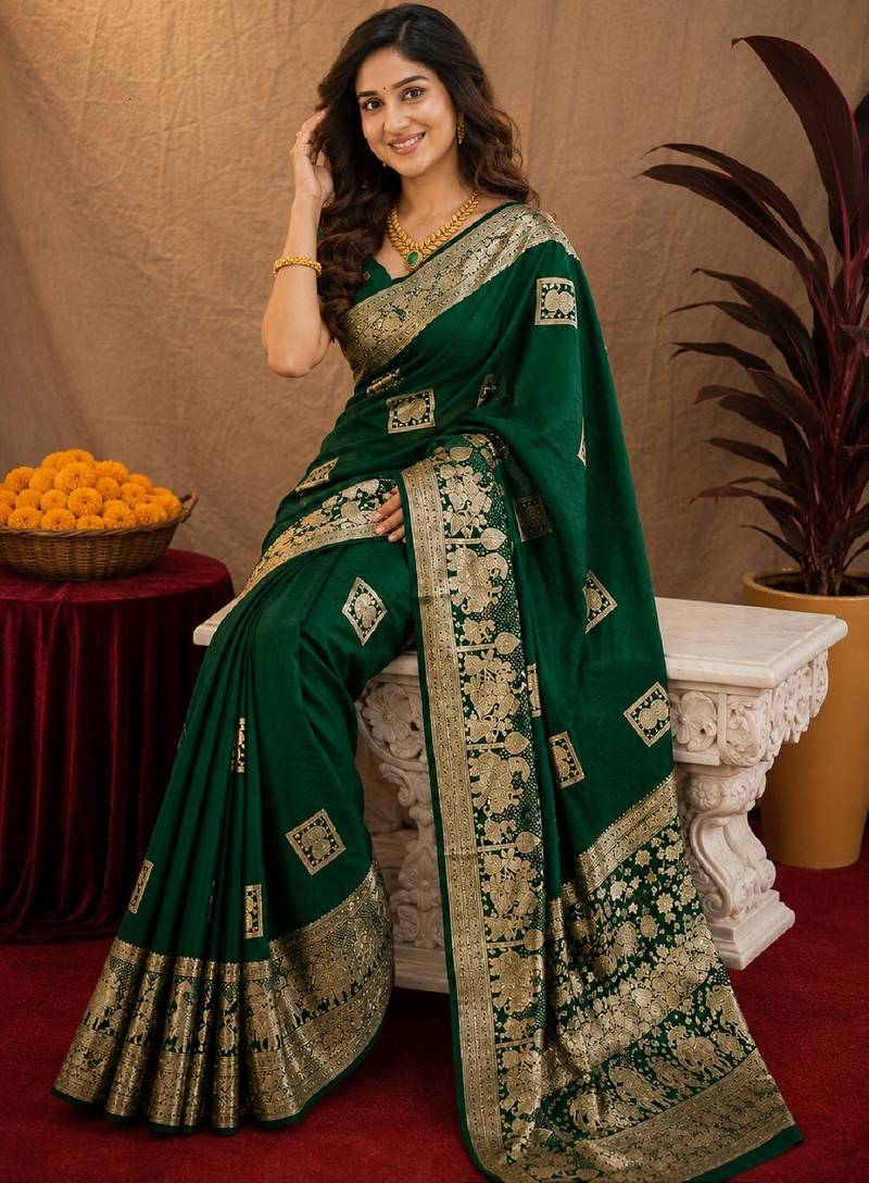 green silk blend with jari weave work saree with unstitched blouse piece