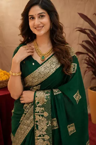 green silk blend with jari weave work saree with unstitched blouse piece