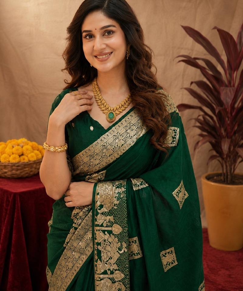 green silk blend with jari weave work saree with unstitched blouse piece