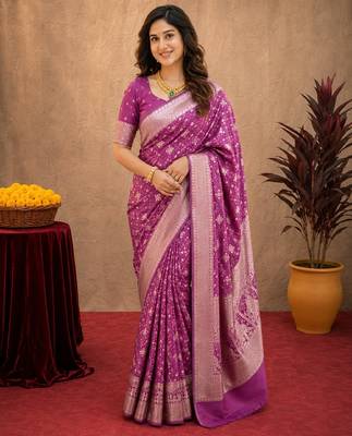 purple silk blend with jari weave work saree with unstitched blouse piece 1