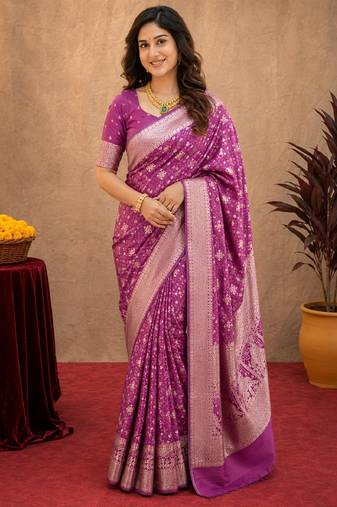 purple silk blend with jari weave work saree with unstitched blouse piece