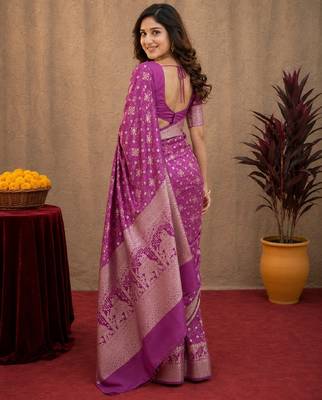 purple silk blend with jari weave work saree with unstitched blouse piece 3