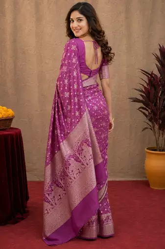 purple silk blend with jari weave work saree with unstitched blouse piece