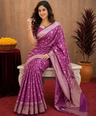 purple silk blend with jari weave work saree with unstitched blouse piece 4