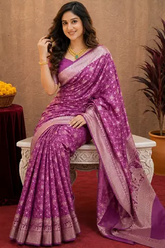 purple silk blend with jari weave work saree with unstitched blouse piece