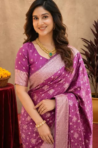 purple silk blend with jari weave work saree with unstitched blouse piece