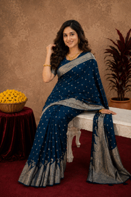 blue silk blend with jari weave work saree with unstitched blouse piece 1