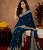 blue silk blend with jari weave work saree with unstitched blouse piece