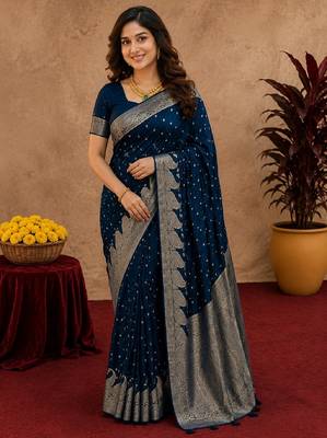 blue silk blend with jari weave work saree with unstitched blouse piece 2