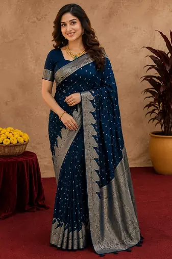 blue silk blend with jari weave work saree with unstitched blouse piece