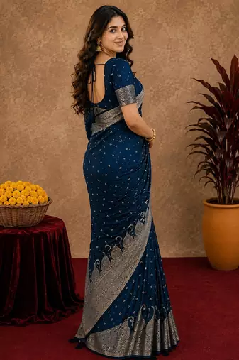 blue silk blend with jari weave work saree with unstitched blouse piece