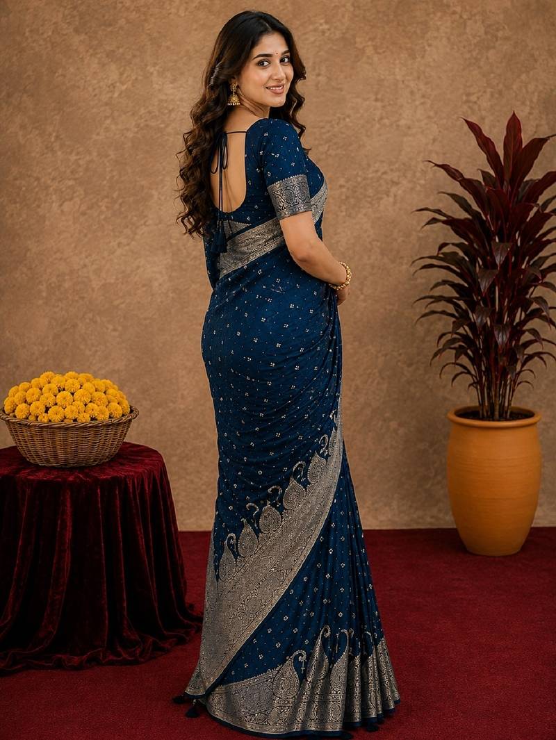 blue silk blend with jari weave work saree with unstitched blouse piece