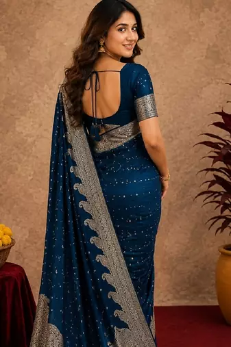 blue silk blend with jari weave work saree with unstitched blouse piece
