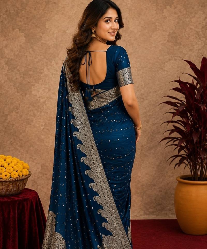 blue silk blend with jari weave work saree with unstitched blouse piece