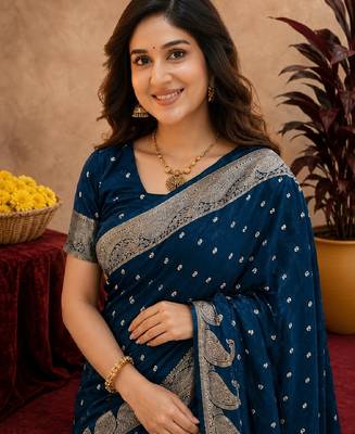 blue silk blend with jari weave work saree with unstitched blouse piece 5