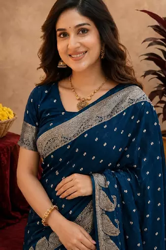 blue silk blend with jari weave work saree with unstitched blouse piece