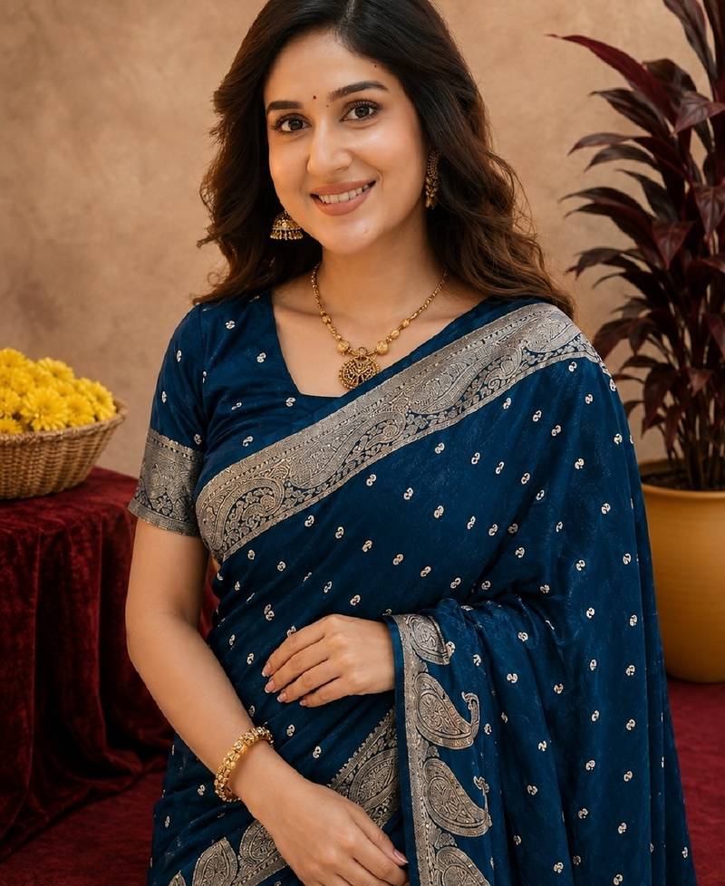 blue silk blend with jari weave work saree with unstitched blouse piece