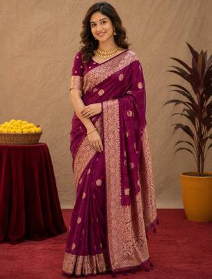 wine silk blend with jari weave work saree with unstitched blouse piece 1