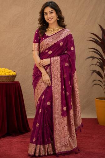 wine silk blend with jari weave work saree with unstitched blouse piece