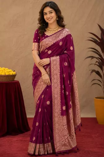 wine silk blend with jari weave work saree with unstitched blouse piece