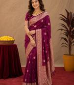 wine silk blend with jari weave work saree with unstitched blouse piece