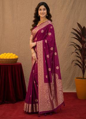 wine silk blend with jari weave work saree with unstitched blouse piece 2