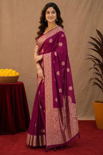 wine silk blend with jari weave work saree with unstitched blouse piece