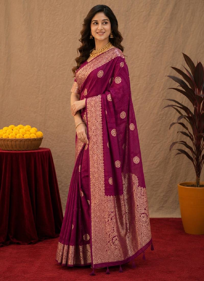 wine silk blend with jari weave work saree with unstitched blouse piece