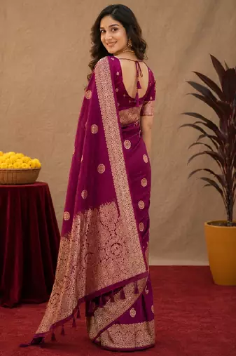 wine silk blend with jari weave work saree with unstitched blouse piece