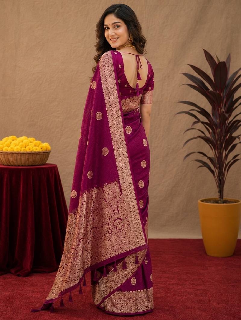 wine silk blend with jari weave work saree with unstitched blouse piece
