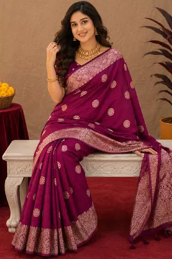wine silk blend with jari weave work saree with unstitched blouse piece