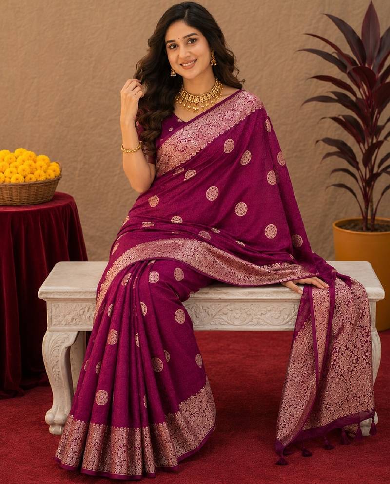 wine silk blend with jari weave work saree with unstitched blouse piece