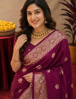 wine silk blend with jari weave work saree with unstitched blouse piece 5