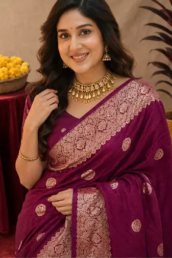 wine silk blend with jari weave work saree with unstitched blouse piece