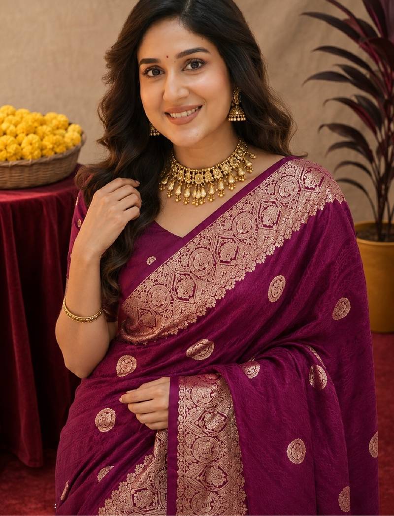 wine silk blend with jari weave work saree with unstitched blouse piece